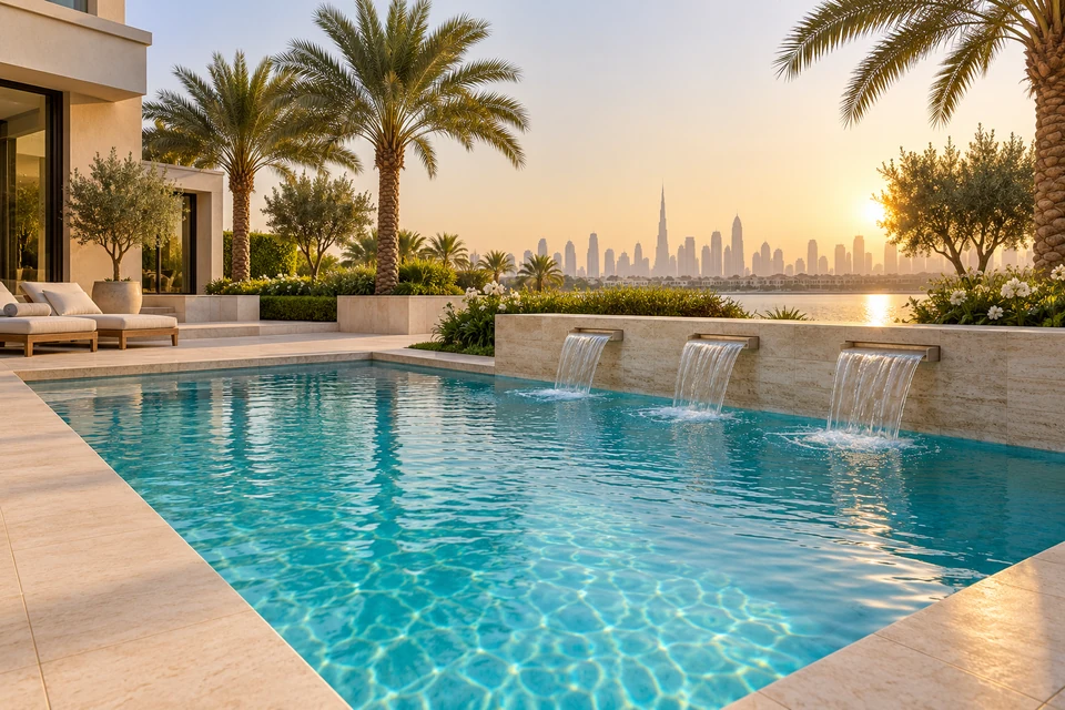 Illustrative Dubai-style villa pool and water feature